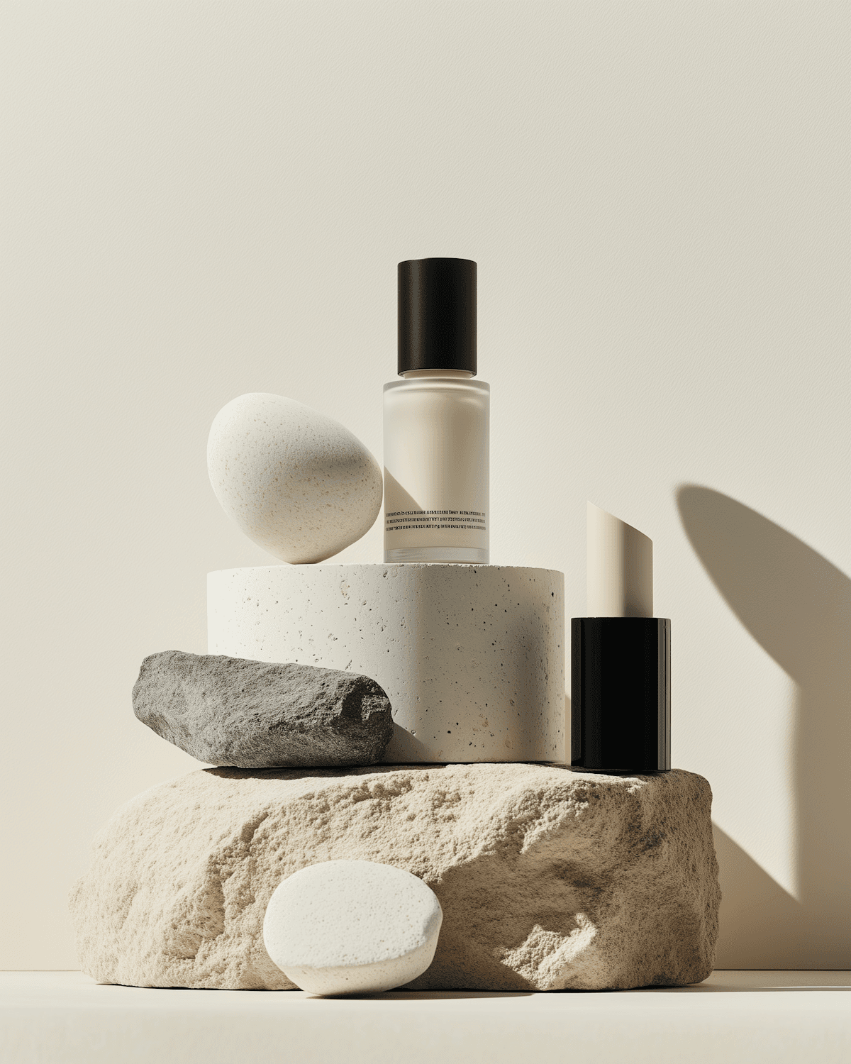 Aura serum bottle balanced on sculpted stone pedestals in warm light