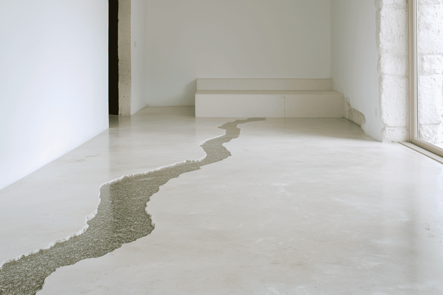 Minimal lime-plaster room with a stone window and a river of gravel in the floor