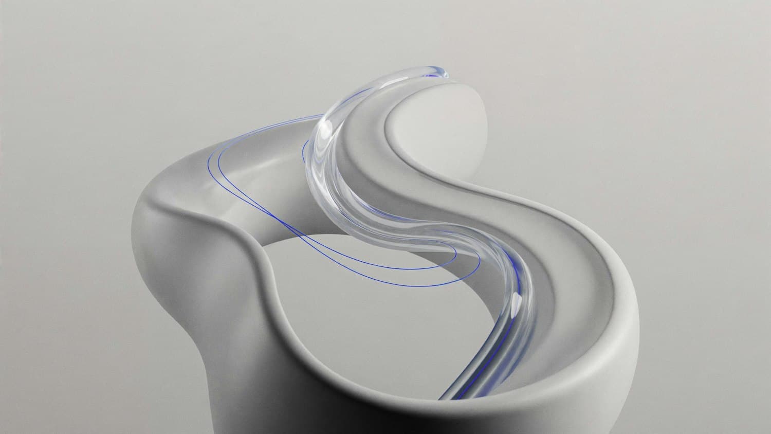 White sculptural form traced by a glass ribbon and fine blue lines